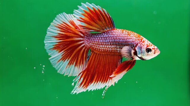 Close up shot of a colorful betta fish swimming in water against a green background in a studio shot green screen animal video