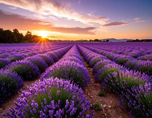 Vibrant sunset over a field of lavender