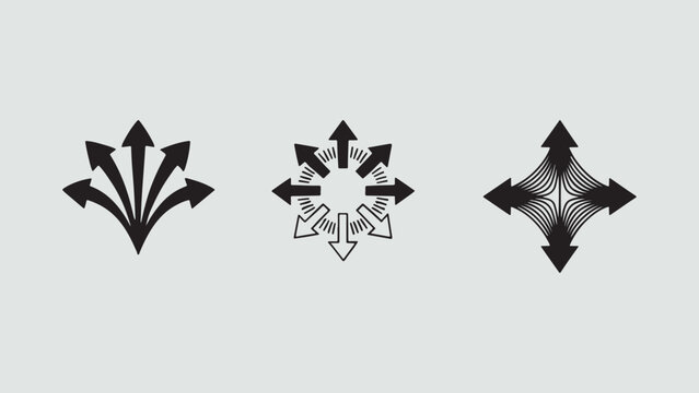 Three abstract arrow designs, showcasing convergence and divergence with stylized black arrows pointing inward and outward, creating dynamic and directional patterns