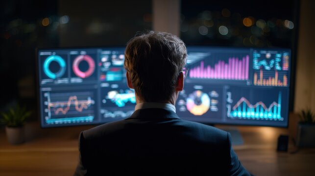 Businessman Analyzing Data on Multiple Screens in Modern Office at Night - Powered by Adobe