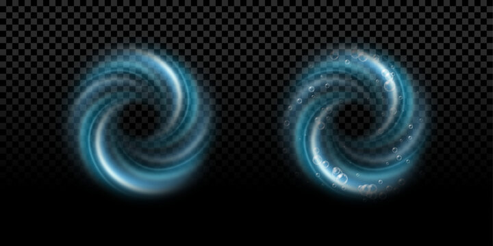 Blue air vortex effect vector illustration. Water swirl with soap bubbles, washing machine door background. Blue spiral whirlpool with transparency