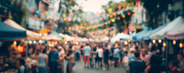 Obraz premium Bustling street market outdoor festival people crowd colorful bunting vendor tents evening lights