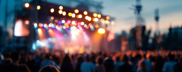 Concert stage lights and blurred crowd at dusk excited atmosphere outdoor music festival