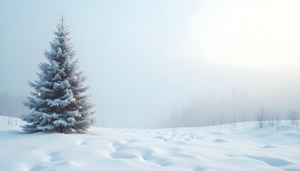 Minimalist white snowy landscape with a single decorated Christmas tree.