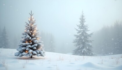 Minimalist white snowy landscape with a single decorated Christmas tree.