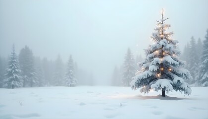 Minimalist white snowy landscape with a single decorated Christmas tree.