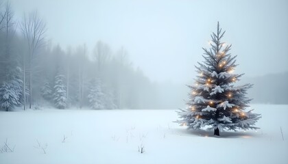 Minimalist white snowy landscape with a single decorated Christmas tree.