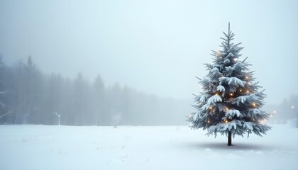 Minimalist white snowy landscape with a single decorated Christmas tree.
