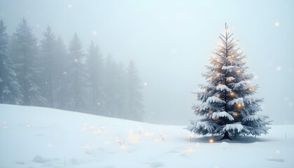 Minimalist white snowy landscape with a single decorated Christmas tree.