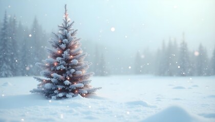 Minimalist white snowy landscape with a single decorated Christmas tree.