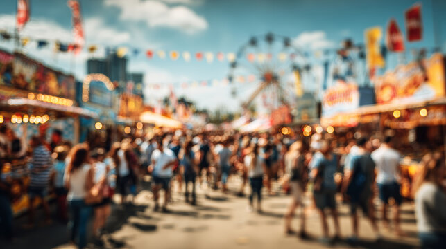 Crowded summer fair with blurred visitors, colorful booths, flags and ferris wheel creating lively festive atmosphere