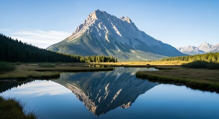 Scenic Mountain Reflection in Calm Lake A Serene Wilderness Landscape at Sunrise