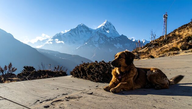 A dog rests, gazing at snow-capped mountains under a bright blue sky