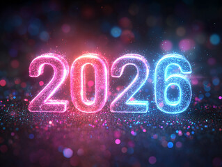 Vibrant 3D "2026" numbers glowing in neon pink and blue gradient, surrounded by festive sparkles