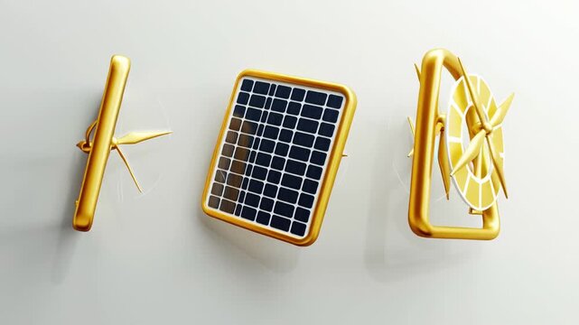 Golden wind turbines and solar panel icons represent renewable energy innovation and sustainability