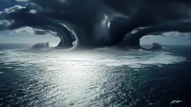 Dramatic image of ocean waves converging below stormy, billowing dark clouds