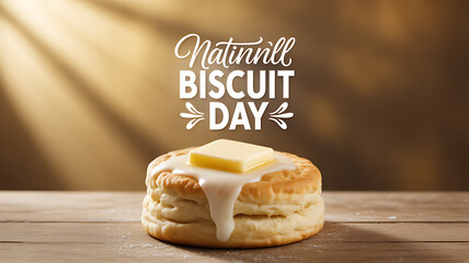 A freshly baked biscuit topped with melting butter and syrup, celebrating National Biscuit Day on a wooden surface with warm lighting.
