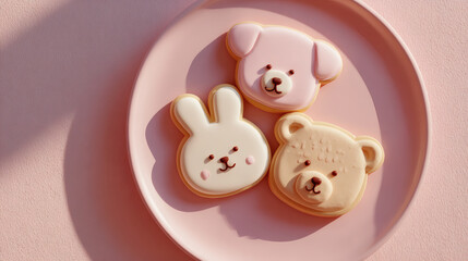 Naklejka premium Three adorable animal-shaped cookies, a bear, a bunny, and a puppy, arranged on a pink plate.