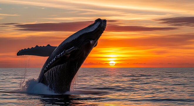 Massive whale breaches the calm sea at sunset spouting spray as orange light bathes the horizon glow