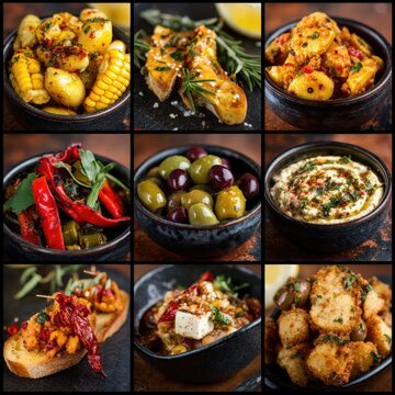 Una selecci&oacute;n de aperitivos mediterr&aacute;neos presentados en cuencos de cer&aacute;mica oscura.