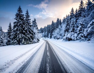 A winter landscape showcases a snow-covered road winding through a forest of evergreen trees under a partly cloudy sky at dusk