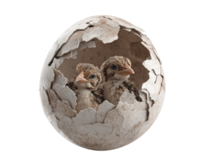 Two baby birds inside cracked egg shell