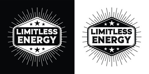 Hexagonal emblem with limitless energy text and star accents, surrounded by a radiating sunburst pattern, in both black and white
