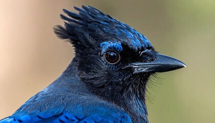 Close-up portrait of a beautiful blue and black bird with dark eyes