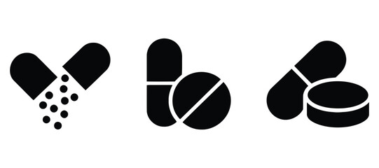 Medical Design Element - Pill Icon Set. Medicament and Pharmaceutical Symbol Black and White Outline.