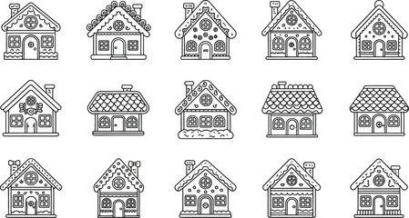 Collection of gingerbread houses, hand-drawn in doodle style for Christmas and New Year