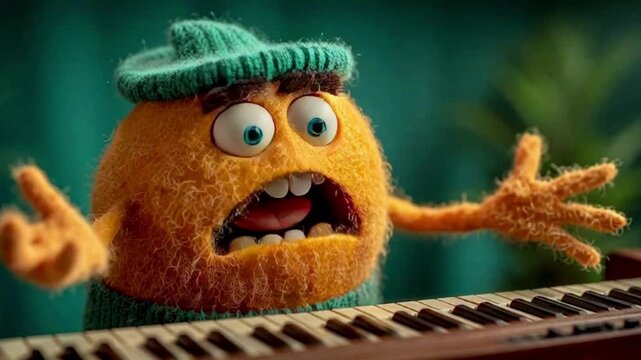 Fruit loops cute character playing piano, expressive performance, orange creature in cap, whimsical design, music themes, childrens book illustrations, musical concepts.
