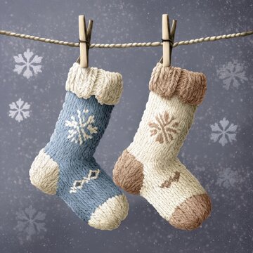 Dos calcetines de punto colgando de una cuerda con nieve cayendo.