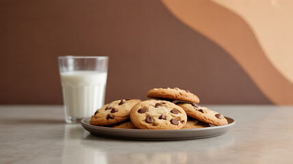A plate of chocolate chip cookies with a glass of milk on a countertop