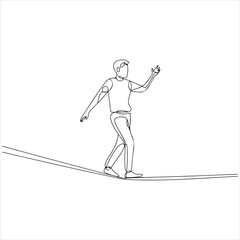 Continuous one line art drawing of a person walking on a tightrope, symbolizing the delicate balance required to navigate challenges, risks, and achieve equilibrium in life's journey