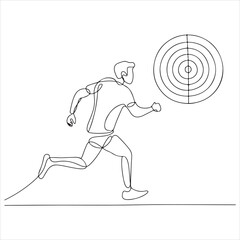 Minimalist continuous line art of a person running towards a target, representing goal pursuit, achievement, and business success