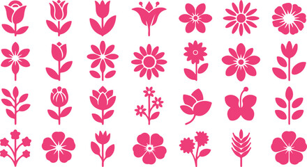 Flowers Silhouette Icon Set – Rose, Daisy, Tulip, Sunflower, Lily, Orchid, Hydrangea, Lavender, Various Flower Species, Vector Illustration