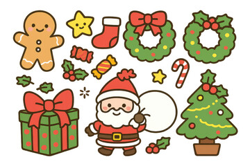 Fototapeta premium Cute holiday elements featuring santa claus, a gingerbread man, christmas tree, gift box, wreath, candy, and holly