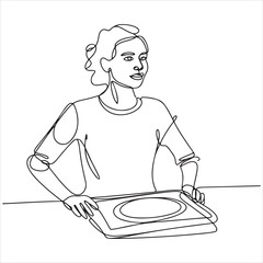 Woman Holding a Tray A Simple Line Drawing Depicting Service and Hospitality