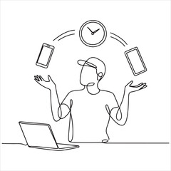 Modern professional juggling work, digital devices, and time in a continuous one-line art illustration