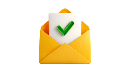 A yellow envelope is open revealing a white paper with a large green check mark symbolizing a confirmed or approved message