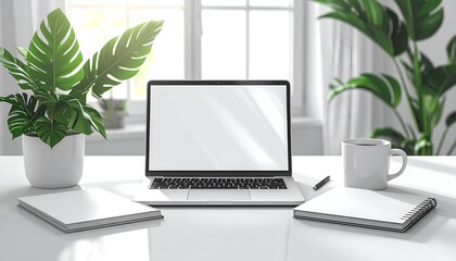 Fototapeta premium Clean Modern Office Desk with Laptop and Green Plants in Bright Natural Light