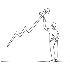 Man drawing an upward-trending arrow graph with a paint roller, a continuous line art symbolizing progress, success, and business growth strategy