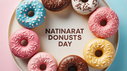 Colorful donuts arranged in a circle on a plate with text celebrating National Donuts Day