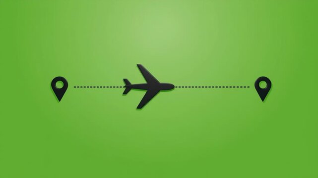 Minimalist graphic illustration of an airplane flying between two location markers on a dotted line against a green gradient background.