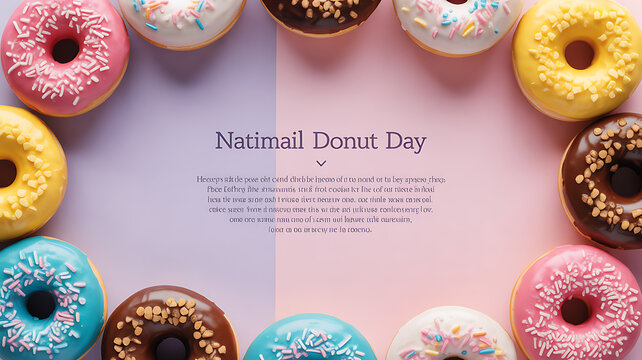 Colorful donuts arranged in a circular pattern around text celebrating National Donut Day - Powered by Adobe