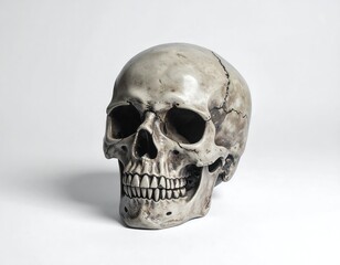 Fototapeta premium Pale, realistic human skull against a clean white backdrop