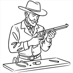 Cowboy meticulously examining a revolver firearm on a table, preparing it with precision