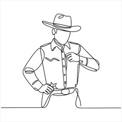 Continuous line drawing of a classic Western lawman, sheriff, or cowboy with a distinctive hat and a prominent badge