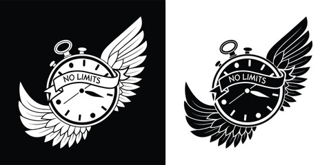 Fototapeta premium A black and white illustration of a clock with wings and a banner reading no limits, presented on both black and white backgrounds