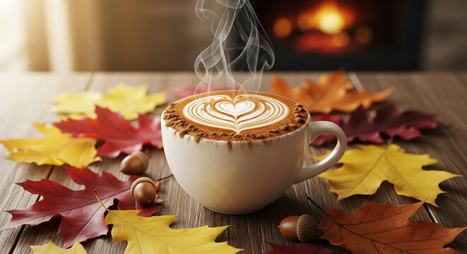 A frothy latte with a heart pattern sits in a white cup; steam curls above autumn leaves, cozy soon!